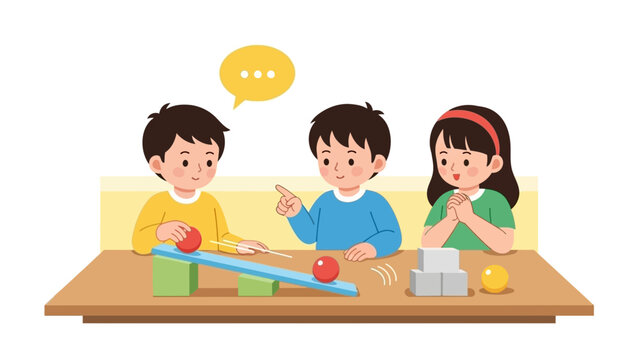 Children engaged in a physics experiment, observing the motion of balls on a ramp and blocks