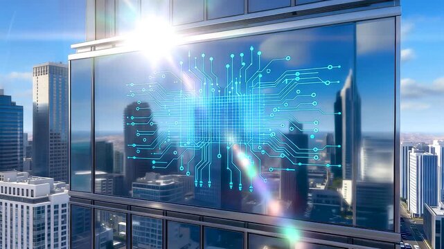 Close-up of a modern skyscraper window with a glowing blue circuit grid inside, reflecting the cityscape, illuminated by volumetric sunlight