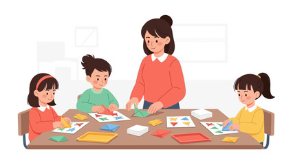 Children engaged in a creative activity with their teacher, learning and developing skills in a fun classroom setting