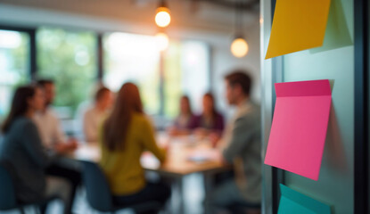 Notes were taped to the glass partitions with people gathered around the tables.