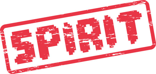 A vibrant red distressed rubber stamp featuring the prominent pixelated word SPIRIT