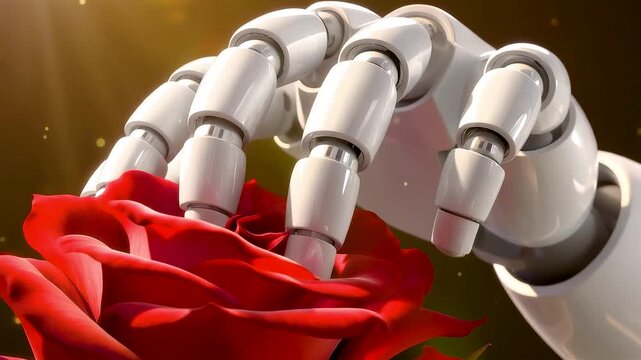 Close-up of a white robotic hand gently touching a red rose, ceramic texture, velvet petals, subsurface scattering, and warm volumetric sunlight