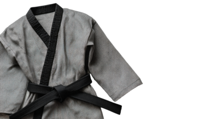 A grey martial arts uniform with a black belt and collar is displayed