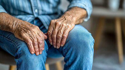 Close up wrinkled senior man hands on knees of old person. Concept of aging, retirement, wisdom and longevity