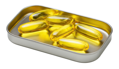 Glistening golden softgel capsules nestled in a polished metallic tin