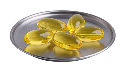 Five translucent yellow gel capsules arranged on a small metal dish