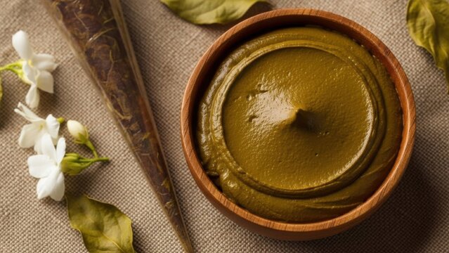 Henna paste in a wooden bowl with flowers and leaves.