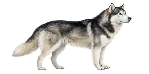 Siberian husky standing in a natural confident pose. Realistic purebred dog isolated on transparent background for pet branding and advertising.