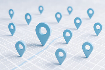3D Map Location Pin Icons on City Grid Background; Navigation, GPS Tracking, Destination Points, Logistics, Real Estate Search, and Digital Connectivity Concept