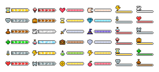 Big set progress game bar. 8-bit game process bars. Pixel loading game process status. Game indicators, game loader gauges.