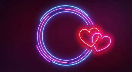 Neon Valentine Heart Frame with Glowing Circle and Love Symbols on Dark Background