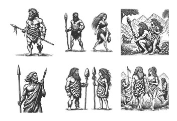 Fototapeta premium prehistoric men and women in tribal clothing, holding spears and living in nature Set collection bundle sketch engraving generative ai raster illustration. Scratch board imitation. Black and white.