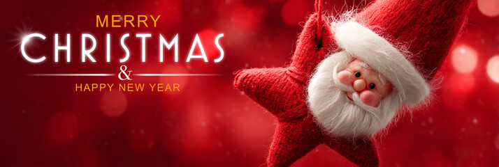 Merry Christmas and Happy New Year. Hyper-Realistic Surreal Christmas Greeting Card Template. A Bright Red Fabric Star Ornament with the Smiling Face of Santa Claus on Red Background. Generative Ai.