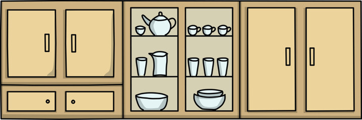 Modern wooden kitchen cabinet set with glass display shelves and dinnerware