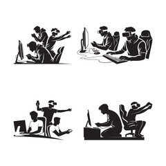 Black Color Modern Gamer Lifestyle Activity Silhouette Vector Illustration, Solid White Background.