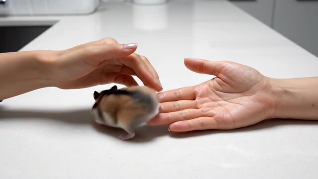 This charming clip captures a playful hamster as it scurries between soft hands in a sunlit kitchen, showcasing its lively spirit and curious nature in a joyous afternoon moment.