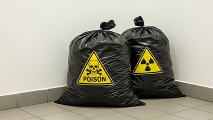 Hazardous Waste Bags with Poison and Radiation Warning Symbols in Industrial Indoor Setting