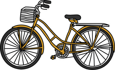 Yellow Vintage City Bicycle Vector Illustration, Classic Dutch Style Bike with Front Basket Isolated on White