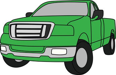 green Pickup Truck Vector Illustration, Modern 4x4 Off-Road Utility Vehicle Isolated on White Background