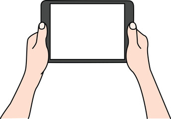 Hands holding digital tablet with blank white screen isolated on white background