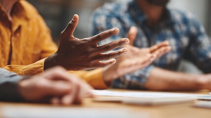 Collaborative Dialogue: Close-up focus on a diverse group of individuals engaged in a productive discussion around a table, hands actively gesturing and conveying ideas.