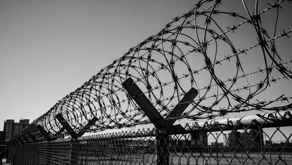 Security Barbed Wire Fence in Black and White Symbolizing Prison, Restriction, and Law Enforcement Control