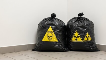 Hazardous Waste Bags with Poison and Radiation Warning Symbols in Industrial Indoor Setting