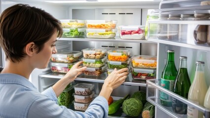Woman organizing fresh food containers inside a refrigerator for meal prep.