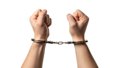 Hands in Metal Handcuffs Isolated on White Background Representing Arrest and Justice