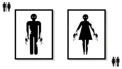 Zombie-Themed Male and Female Restroom Signs in Black and White Vector Illustration Style