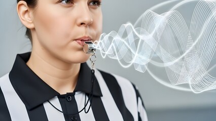 Referee blowing whistle with sound waves close up