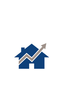 Blue house graphic with upward trending arrow symbolizing growth.