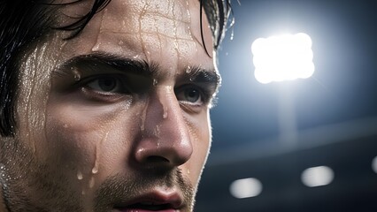 Soccer player sweating intensely under stadium lights