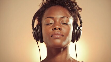 Melody of Mindfulness: A woman with closed eyes immersed in her musical world, embodying tranquility and contemplation with her headphones