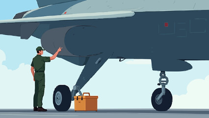 Military Aviation Engineer Inspecting Aircraft Weapon Mount System &ndash; Vector Illustration