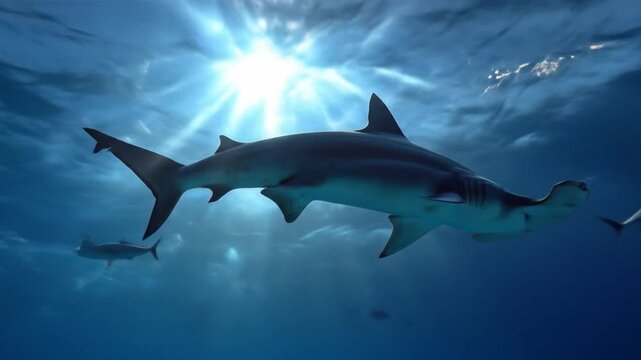 Underwater scene with two hammerhead sharks gliding beneath sunlit blue water silhouettes in motion