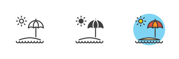 Beach umbrella line, solid and colorful icon set pack