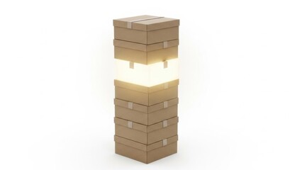 Stacked cardboard boxes with glowing light, creative concept.