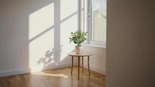 A minimalist room with a plant on a round wooden table near a window
