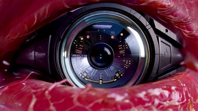 Extreme macro of a cybernetic eye implant with glass metal lens intricate circuitry wet organic tissue pink glow and sharply focused camera iris