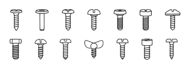  black outline screw and fastener icons set , minimal industrial tool illustration for construction and repair, concept of hardware variety and engineering design 