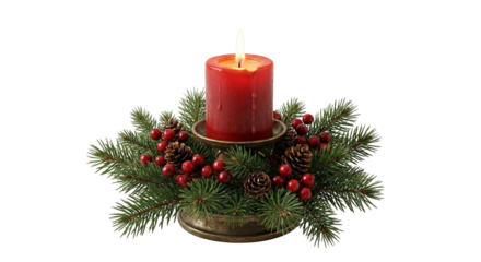 Burning red Christmas candle with decoration isolated on Transparent PNG