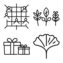 Social People Network Grid, Growing Botanical Seedlings, Wrapped Gift Boxes with Ribbons, and Ginkgo Biloba Leaf Outline Icons Set