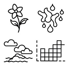 Single Garden Flower Bloom, Abstract Liquid Droplets Splash, Clouds over Ocean Waves, and Rising Block Staircase Chart Outline Icons Set