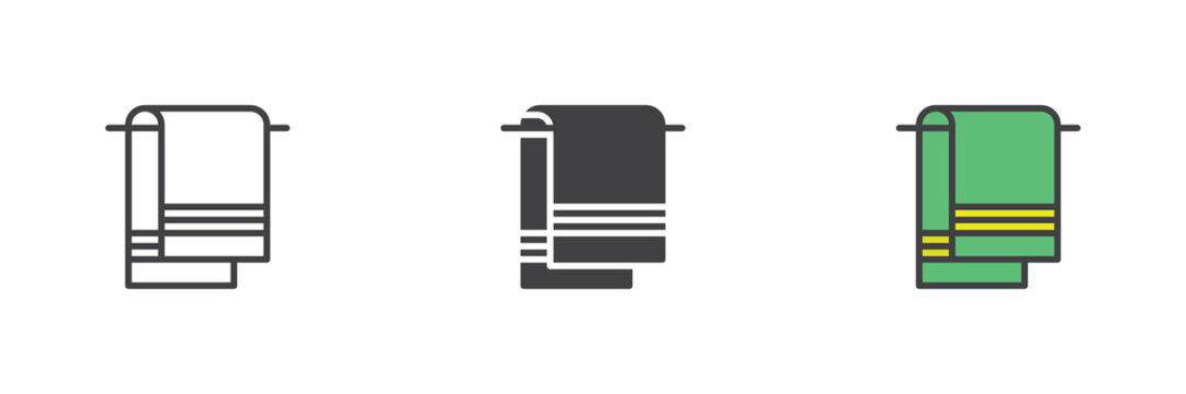 Beach towel line, solid and colorful icon set pack