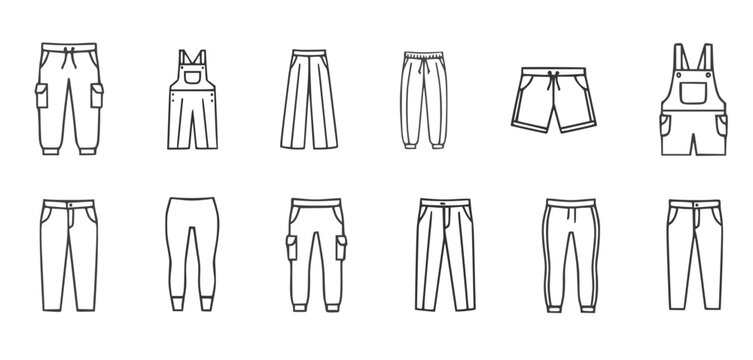  outline icons of pants shorts overalls and trousers in multiple styles displayed in rows, minimal fashion garment illustration showing casual clothing variety, concept of apparel design and wardrobe 