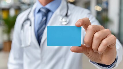 A man in a white lab coat holding a blue card. The card is blank and has a blue background