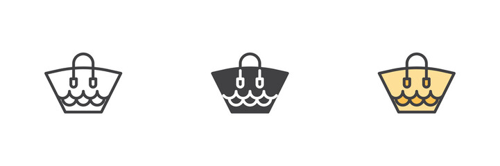 Beach bag line, solid and colorful icon set pack