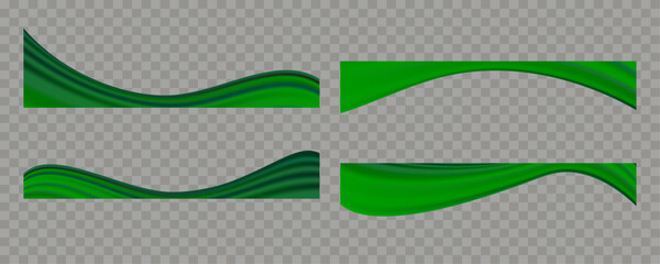 Set of green silk ribbon wave shapes on transparent background. Elegant elegant wavy emerald satin fabric headline for web page banner, layout header, decoration overlay. Editable vector illustration.