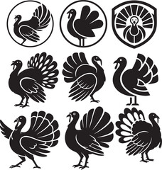 Fototapeta premium Turkey silhouettes with badge and emblem icons set, Thanksgiving bird logo collection